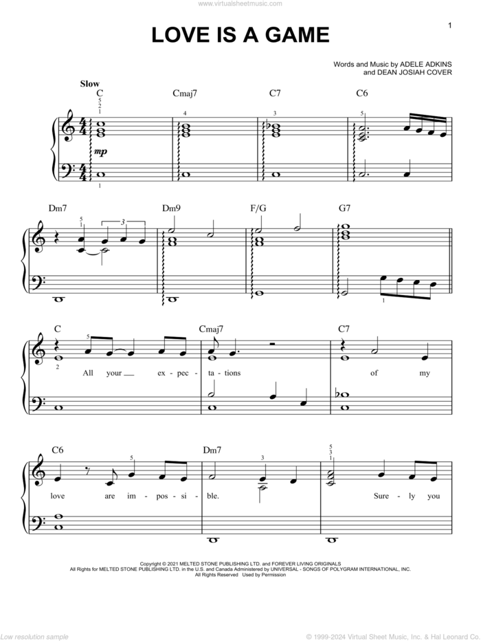 Love Is A Game, (easy) sheet music for piano solo by Adele, Adele Adkins and Dean Josiah Cover, easy skill level