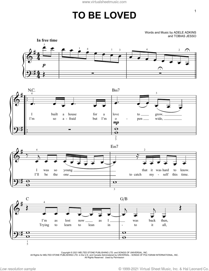 To Be Loved, (easy) sheet music for piano solo by Adele, Adele Adkins and Tobias Jesso, easy skill level