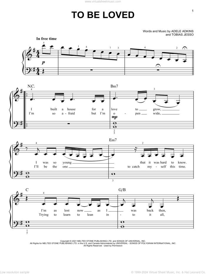 To Be Loved, (easy) sheet music for piano solo by Adele, Adele Adkins and Tobias Jesso, easy skill level