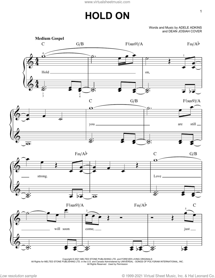 Hold On, (easy) sheet music for piano solo by Adele, Adele Adkins and Dean Josiah Cover, easy skill level