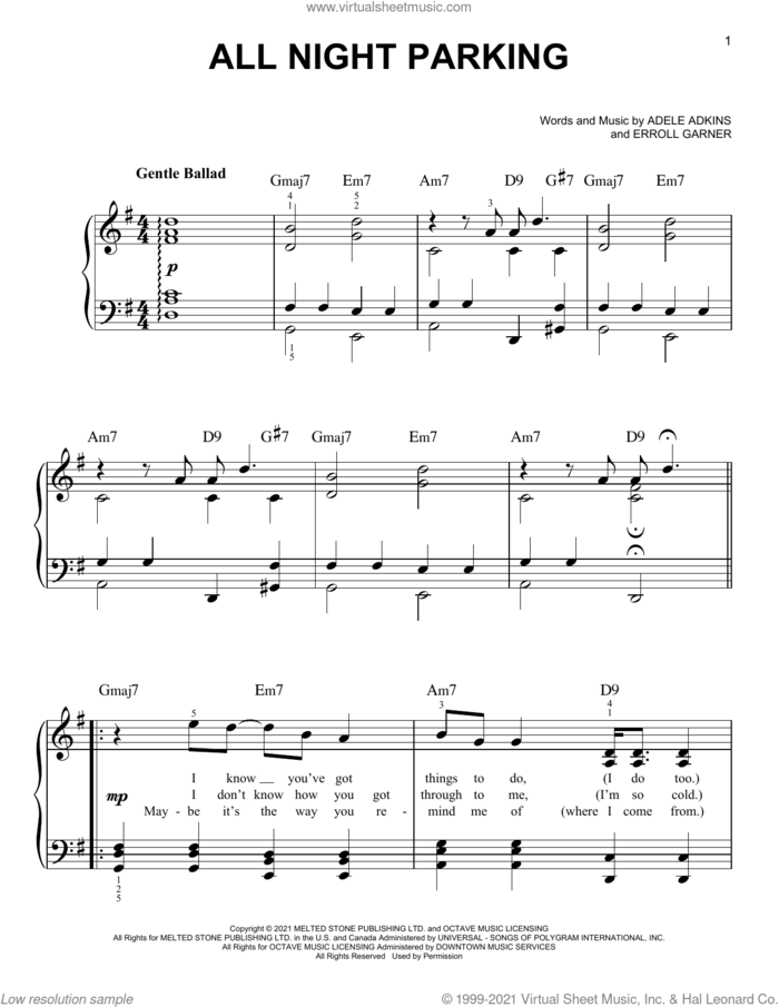 All Night Parking (Interlude) sheet music for piano solo by Adele, Adele Adkins and Erroll Garner, easy skill level