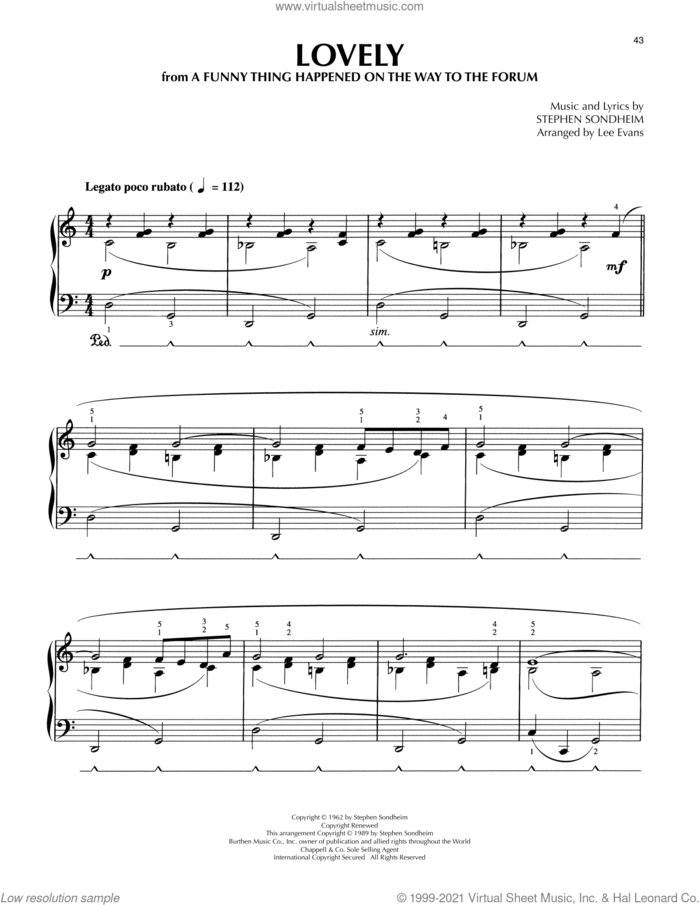 Lovely (from A Funny Thing Happened On The Way To The Forum) (arr. Lee Evans) sheet music for piano solo by Stephen Sondheim and Lee Evans, intermediate skill level