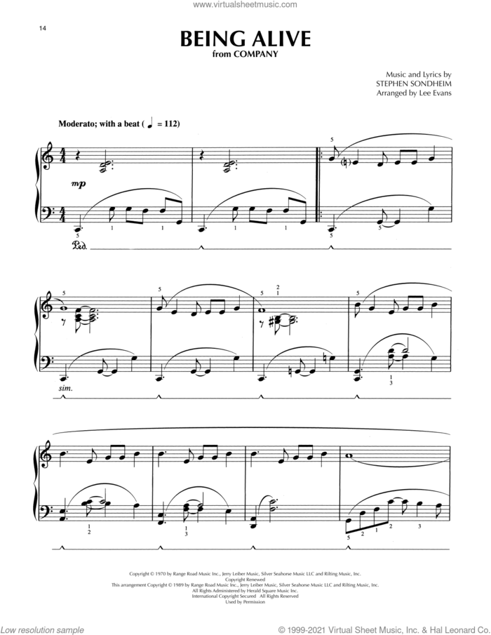 Being Alive (from Company) (arr. Lee Evans) sheet music for piano solo by Stephen Sondheim and Lee Evans, intermediate skill level