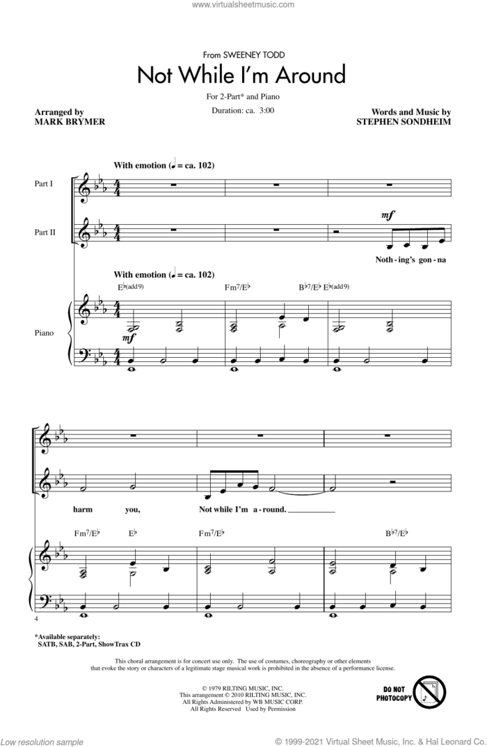 Not While I'm Around (from Sweeney Todd) (arr. Mark Brymer) sheet music for choir (2-Part) by Stephen Sondheim and Mark Brymer, intermediate duet