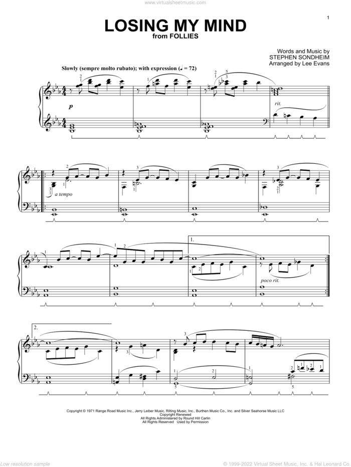 Losing My Mind (from Follies) (arr. Lee Evans) sheet music for piano solo by Stephen Sondheim and Lee Evans, intermediate skill level