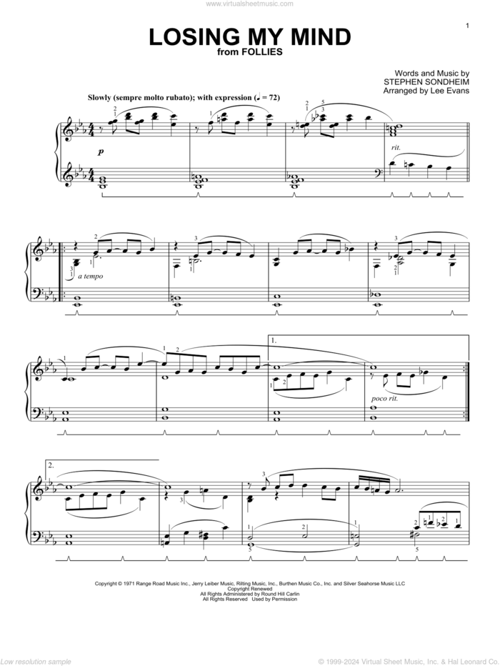 Losing My Mind (from Follies) (arr. Lee Evans) sheet music for piano solo by Stephen Sondheim and Lee Evans, intermediate skill level