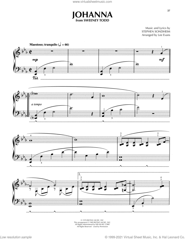 Johanna (from Sweeney Todd) (arr. Lee Evans) sheet music for piano solo by Stephen Sondheim and Lee Evans, intermediate skill level