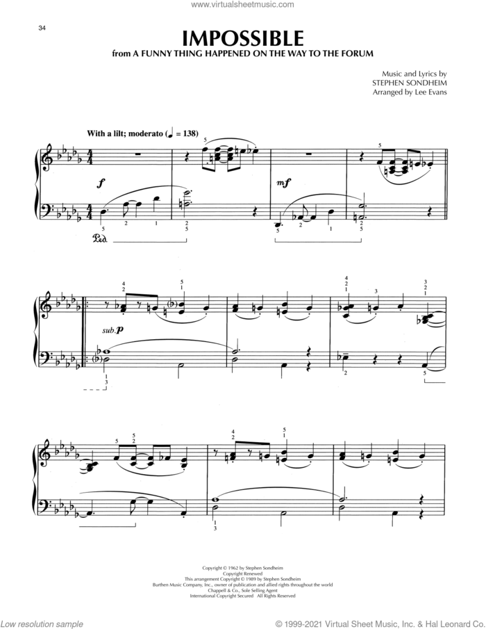Impossible (from A Funny Thing Happened On The Way To The Forum) (arr. Lee Evans) sheet music for piano solo by Stephen Sondheim and Lee Evans, intermediate skill level