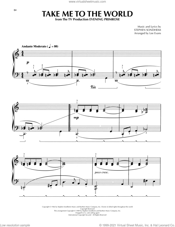 Take Me To The World (from Evening Primrose) (arr. Lee Evans) sheet music for piano solo by Stephen Sondheim and Lee Evans, intermediate skill level