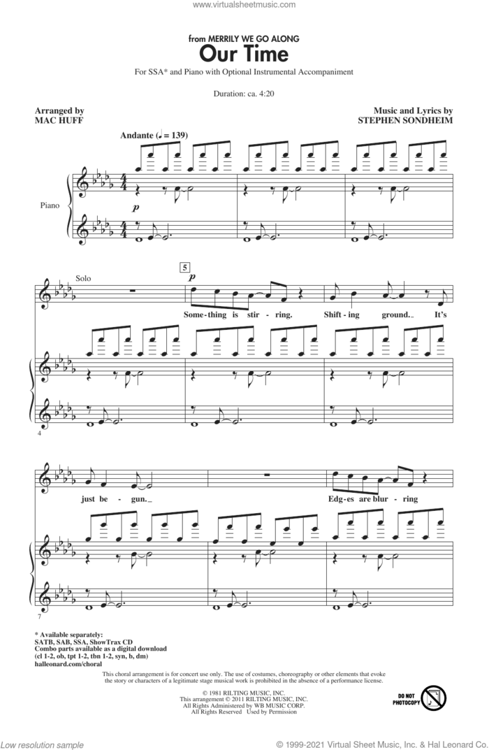 Our Time (from Merrily We Roll Along) (arr. Mac Huff) sheet music for choir (SSA: soprano, alto) by Stephen Sondheim and Mac Huff, intermediate skill level