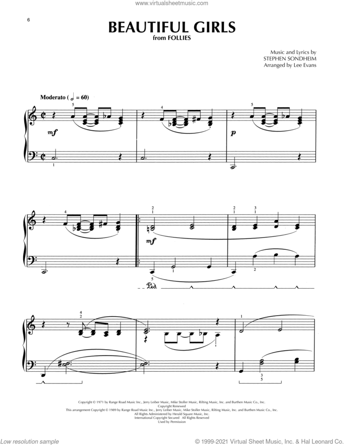 Beautiful Girls (from Follies) (arr. Lee Evans) sheet music for piano solo by Stephen Sondheim and Lee Evans, intermediate skill level