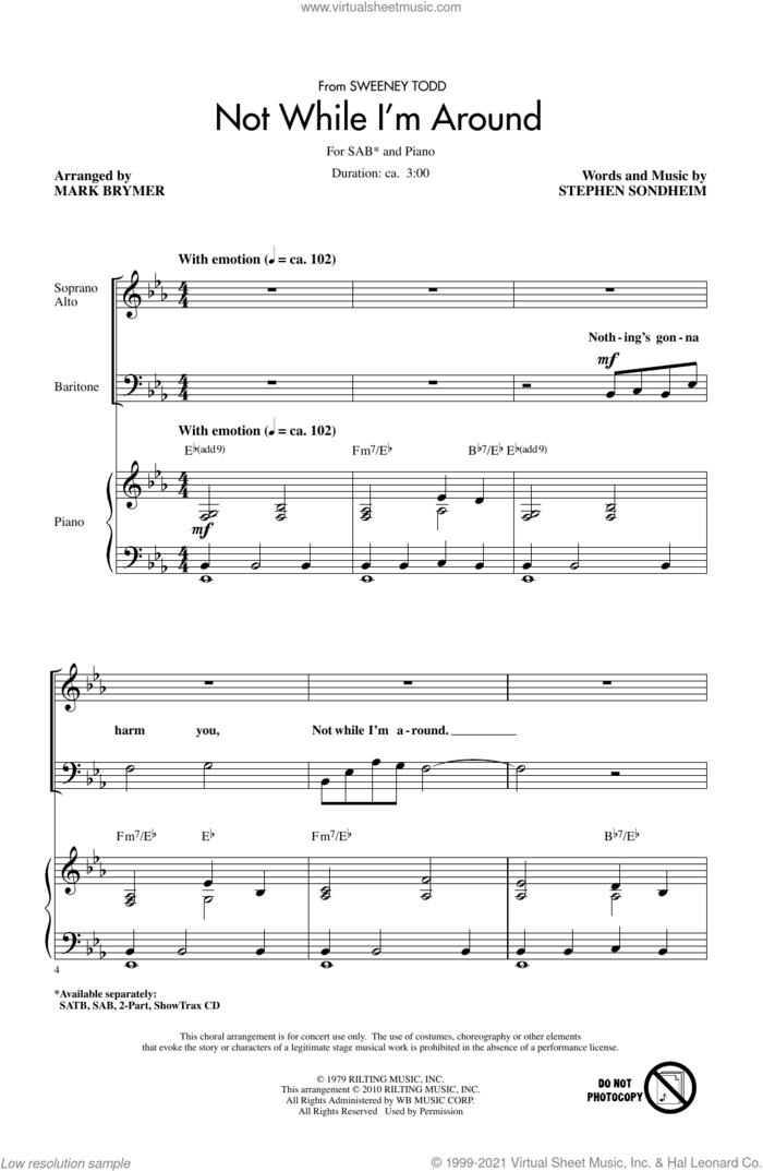 Not While I'm Around (from Sweeney Todd) (arr. Mark Brymer) sheet music for choir (SAB: soprano, alto, bass) by Stephen Sondheim and Mark Brymer, intermediate skill level