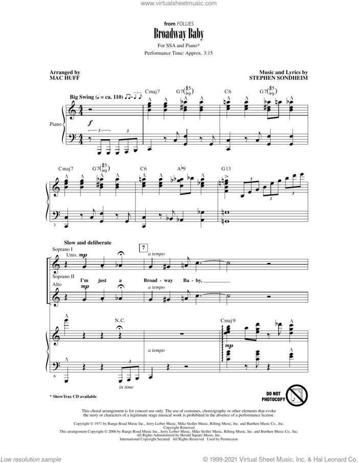 Broadway Baby (from Follies) (arr. Mac Huff) sheet music for choir (SSA: soprano, alto) by Stephen Sondheim and Mac Huff, intermediate skill level