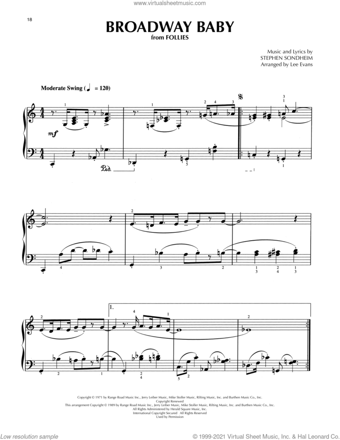 Broadway Baby (from Follies) (arr. Lee Evans) sheet music for piano solo by Stephen Sondheim and Lee Evans, intermediate skill level