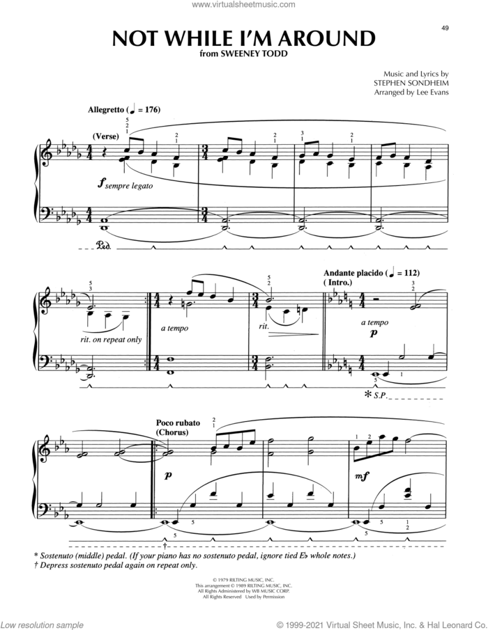 Not While I'm Around (from Sweeney Todd) (arr. Lee Evans) sheet music for piano solo by Stephen Sondheim and Lee Evans, intermediate skill level