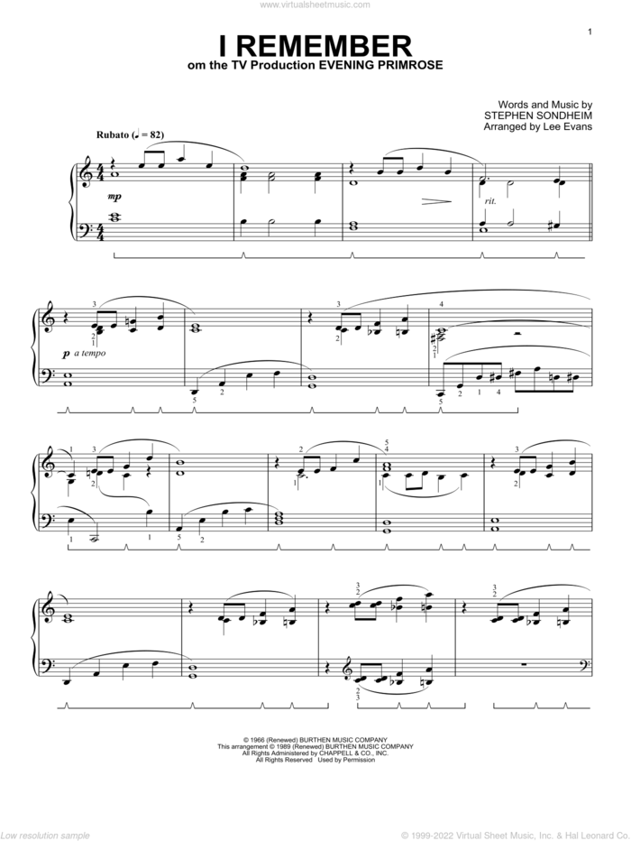 I Remember (from Evening Primrose) (arr. Lee Evans) sheet music for piano solo by Stephen Sondheim and Lee Evans, intermediate skill level