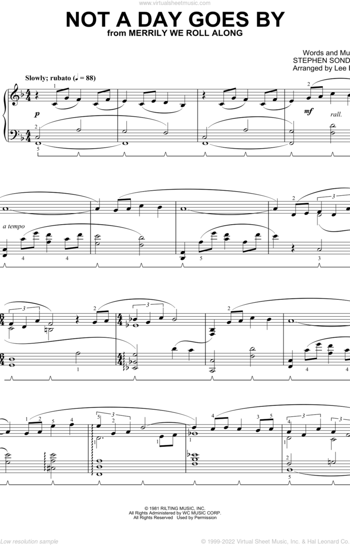 Not A Day Goes By (from Merrily We Roll Along) (arr. Lee Evans) sheet music for piano solo by Stephen Sondheim and Lee Evans, intermediate skill level