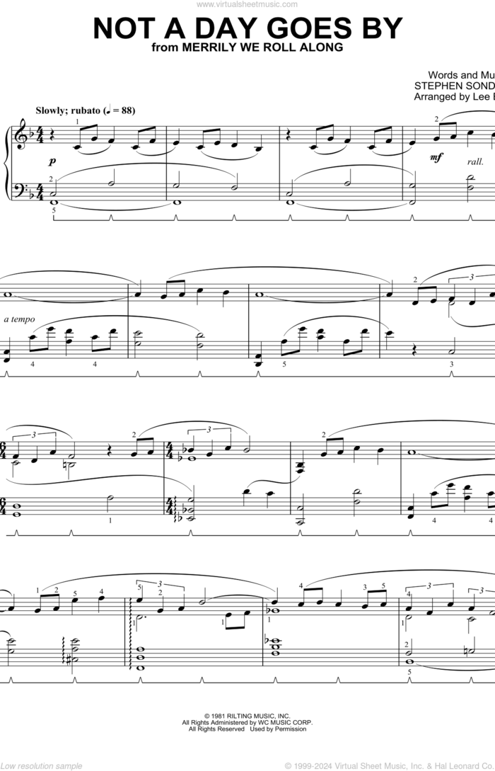 Not A Day Goes By (from Merrily We Roll Along) (arr. Lee Evans) sheet music for piano solo by Stephen Sondheim and Lee Evans, intermediate skill level