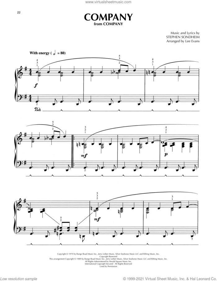 Company (from Company) (arr. Lee Evans) sheet music for piano solo by Stephen Sondheim and Lee Evans, intermediate skill level
