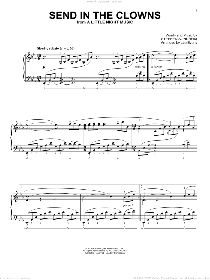 Send In The Clowns (from A Little Night Music) (arr. Lee Evans) sheet music for piano solo by Stephen Sondheim and Lee Evans, intermediate skill level