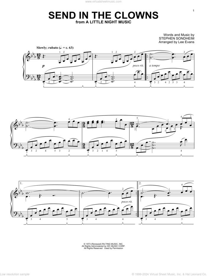 Send In The Clowns (from A Little Night Music) (arr. Lee Evans) sheet music for piano solo by Stephen Sondheim and Lee Evans, intermediate skill level