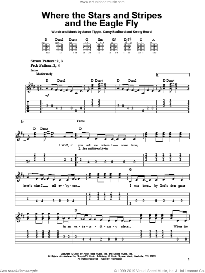 Where The Stars And Stripes And The Eagle Fly sheet music for guitar solo (easy tablature) by Aaron Tippin, Casey Beathard and Kenny Beard, easy guitar (easy tablature)