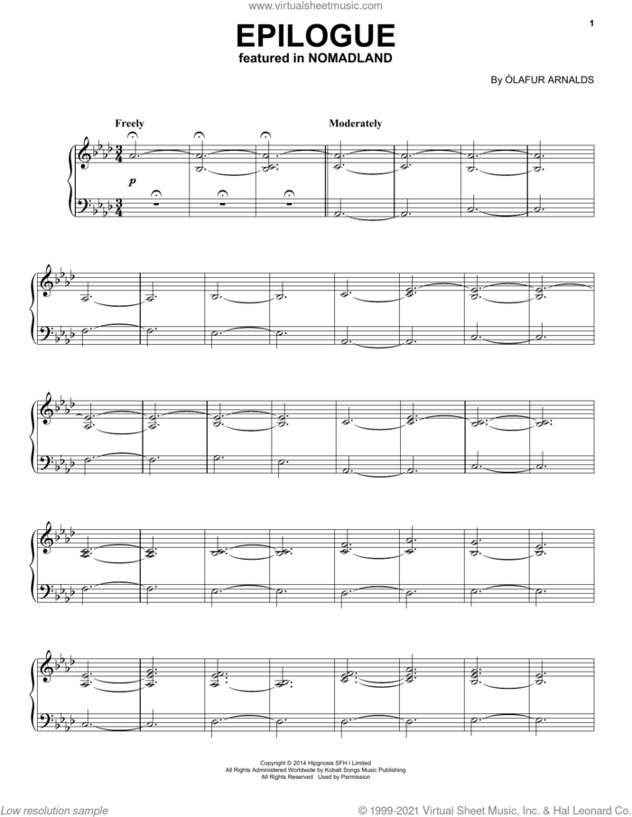 Epilogue (from Nomadland) sheet music for piano solo by Olafur Arnalds, intermediate skill level