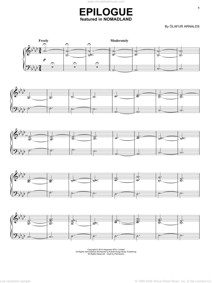 Epilogue (from Nomadland) sheet music for piano solo by Olafur Arnalds, intermediate skill level