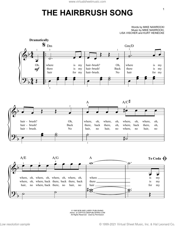 The Hairbrush Song (from VeggieTales) sheet music for piano solo by Mike Nawrocki, Kurt Heinecke and Lisa Vischer, easy skill level