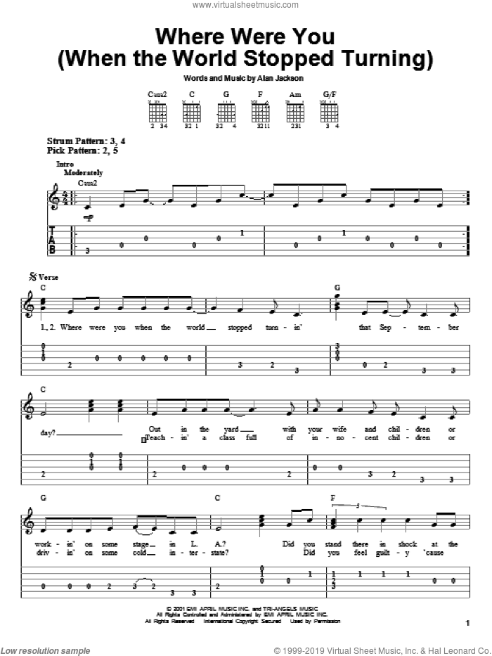 Where Were You (When The World Stopped Turning) sheet music for guitar solo (easy tablature) by Alan Jackson, easy guitar (easy tablature)