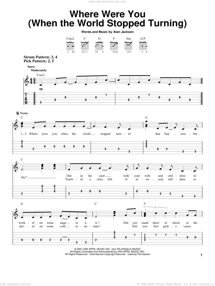 Where Were You (When The World Stopped Turning) sheet music for guitar solo (easy tablature) by Alan Jackson, easy guitar (easy tablature)