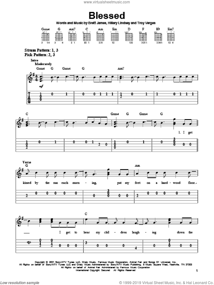 Blessed sheet music for guitar solo (easy tablature) by Martina McBride, Brett James, Hillary Lindsey and Troy Verges, easy guitar (easy tablature)