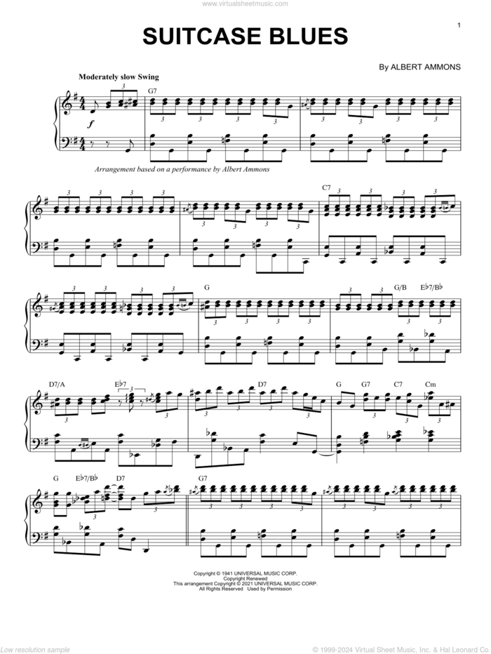 Suitcase Blues (arr. Brent Edstrom) sheet music for piano solo by Albert Ammons and Brent Edstrom, intermediate skill level