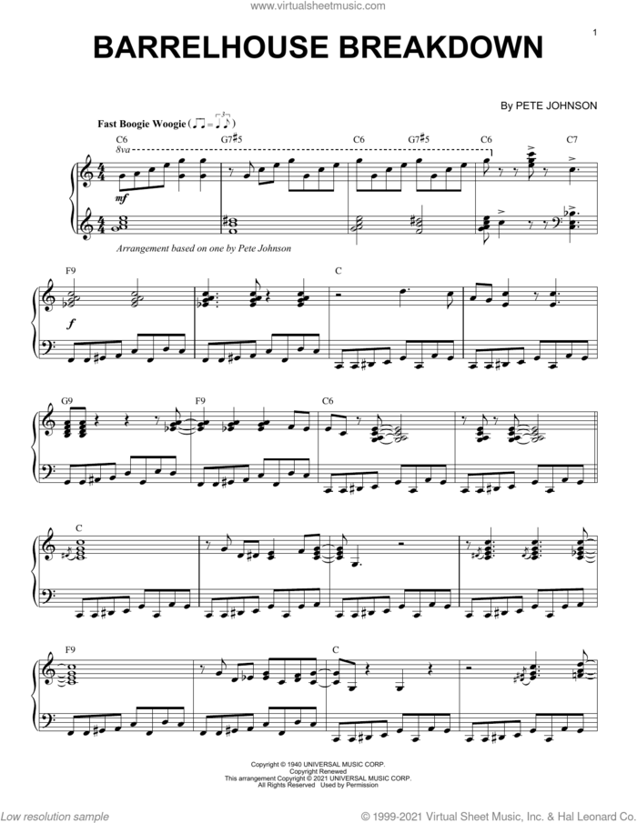 Barrelhouse Breakdown (arr. Brent Edstrom) sheet music for piano solo by Pete Johnson and Brent Edstrom, intermediate skill level