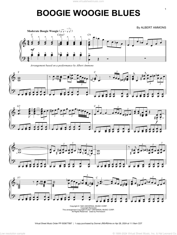 Boogie Woogie Blues (arr. Brent Edstrom) sheet music for piano solo by Albert Ammons and Brent Edstrom, intermediate skill level