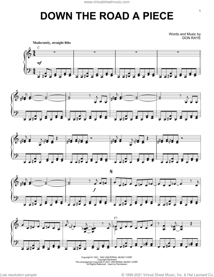 Down The Road A Piece (arr. Brent Edstrom) sheet music for piano solo by Don Raye and Brent Edstrom, intermediate skill level