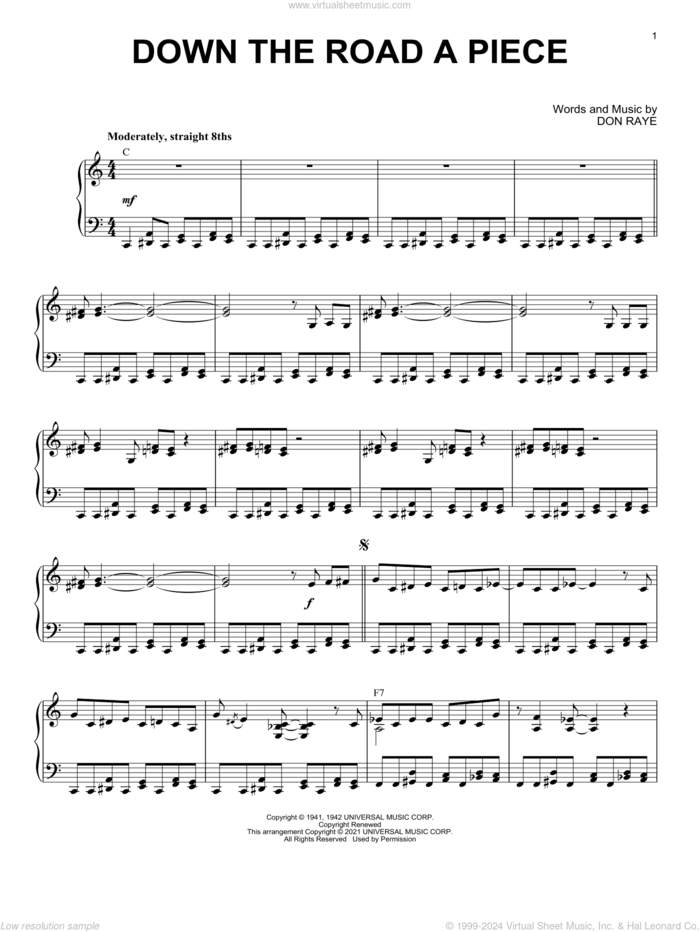 Down The Road A Piece (arr. Brent Edstrom) sheet music for piano solo by Don Raye and Brent Edstrom, intermediate skill level