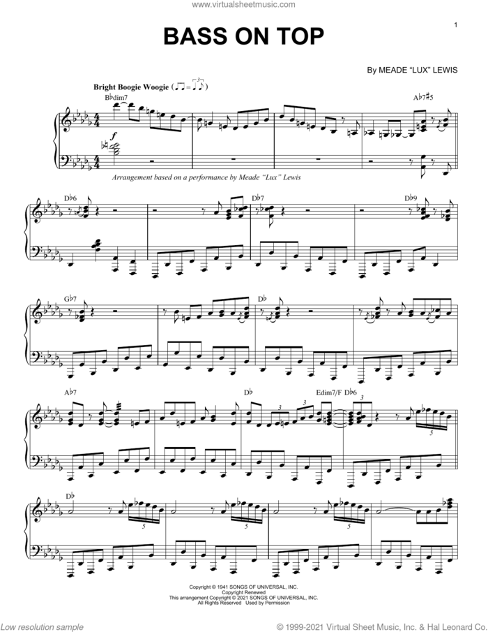 Bass On Top (arr. Brent Edstrom) sheet music for piano solo by Meade (Lux) Lewis and Brent Edstrom, intermediate skill level