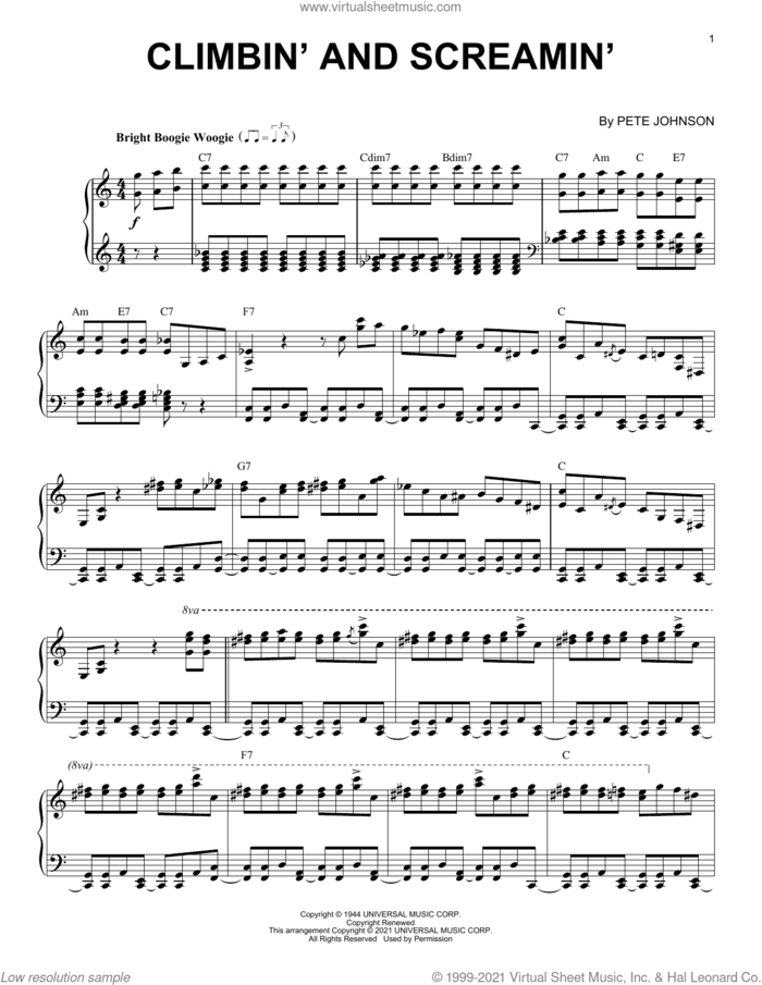Climbin' And Screamin' (arr. Brent Edstrom) sheet music for piano solo by Pete Johnson and Brent Edstrom, intermediate skill level