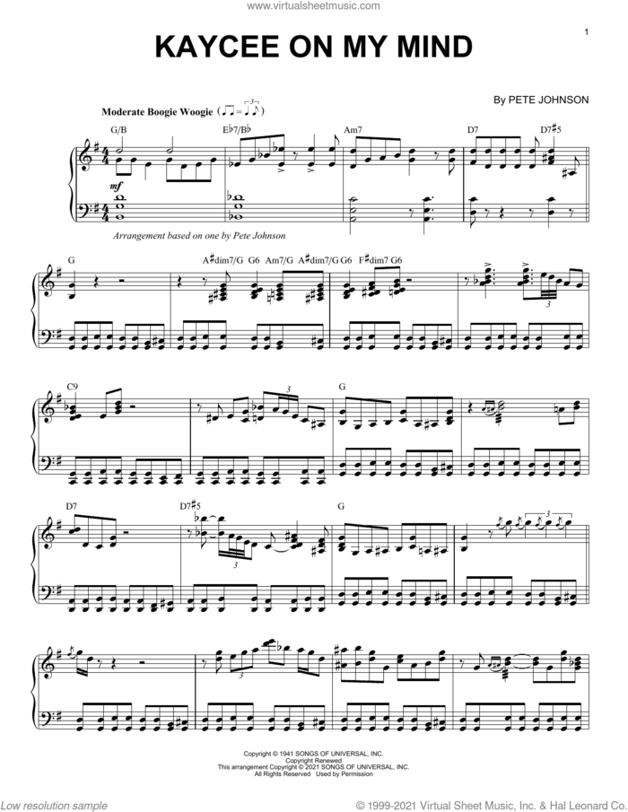 Kaycee On My Mind (arr. Brent Edstrom) sheet music for piano solo by Pete Johnson and Brent Edstrom, intermediate skill level