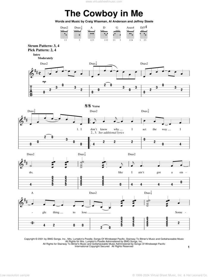 The Cowboy In Me sheet music for guitar solo (easy tablature) by Tim McGraw, Al Anderson, Craig Wiseman and Jeffrey Steele, easy guitar (easy tablature)