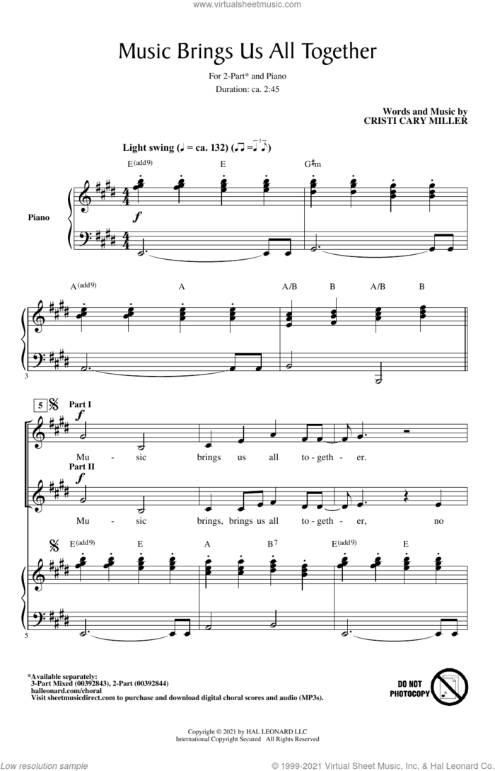 Music Brings Us All Together sheet music for choir (2-Part) by Cristi Cary Miller, intermediate duet
