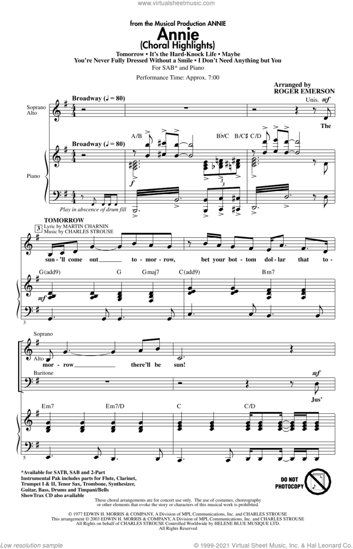 Annie (Choral Highlights) (arr. Roger Emerson) sheet music for choir (SAB: soprano, alto, bass) by Charles Strouse, Roger Emerson and Martin Charnin, intermediate skill level
