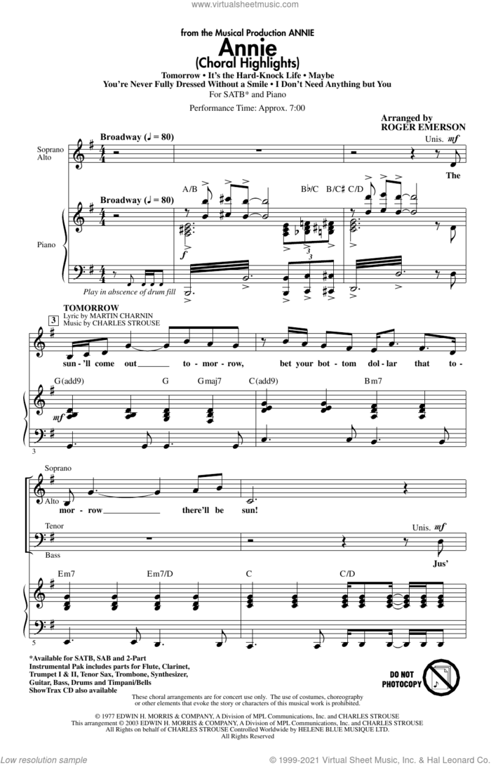 Annie (Choral Highlights) (arr. Roger Emerson) sheet music for choir (SATB: soprano, alto, tenor, bass) by Charles Strouse, Roger Emerson and Martin Charnin, intermediate skill level