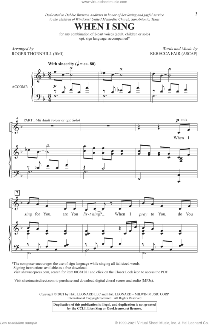 When I Sing (arr. Roger Thornhill) sheet music for choir (2-Part) by Rebecca Fair and Roger Thornhill, intermediate duet