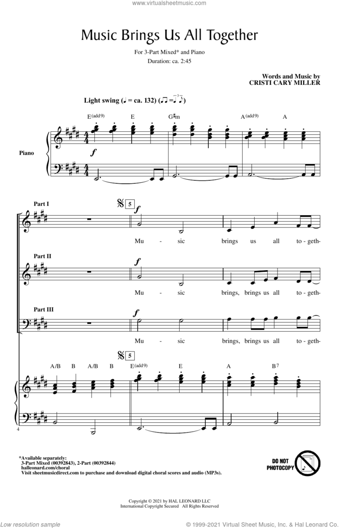 Music Brings Us All Together sheet music for choir (3-Part Mixed) by Cristi Cary Miller, intermediate skill level