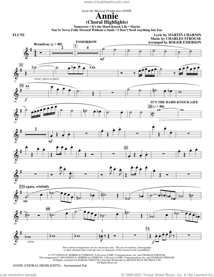Annie (Choral Highlights) (arr. Roger Emerson) (complete set of parts) sheet music for orchestra/band by Roger Emerson, Charles Strouse and Martin Charnin, intermediate skill level