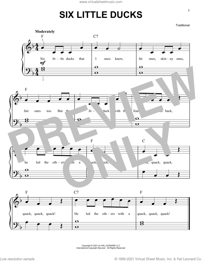 Six Little Ducks sheet music for piano solo, easy skill level