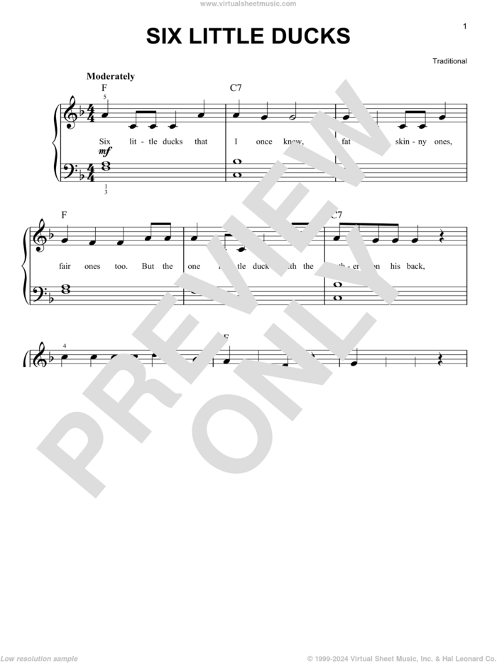 Six Little Ducks sheet music for piano solo, easy skill level