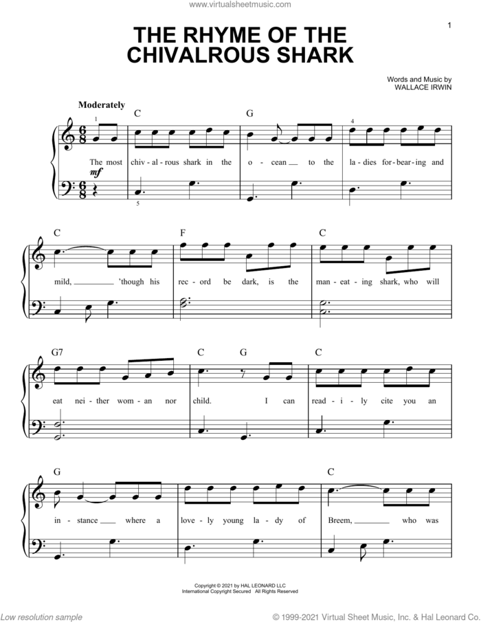 The Rhyme Of The Chivalrous Shark sheet music for piano solo by Wallace Irwin, easy skill level